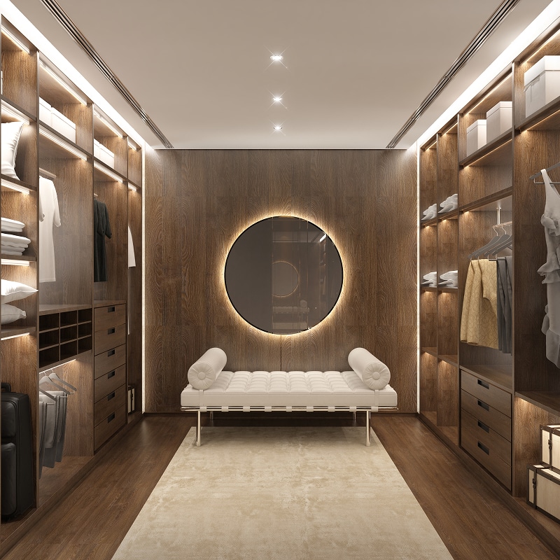 Élégant dressing en bois à éclairage LED. Rangement ouvert, miroir rond rétroéclairé sur panneau mural et banc design central.