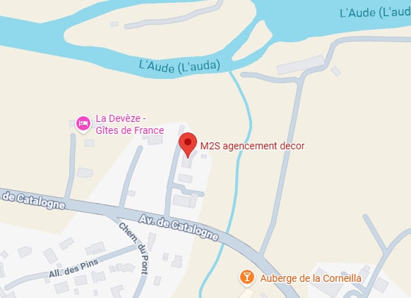 M2S Agencement Decor : Carte d'accès et localisation Aude. Localisation M2S agencement decor, Av. de Catalogne. Le point se situe entre L'Aude, La Devèze (Gîtes de France) et l'Auberge de la Corneilla.